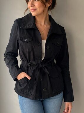 H&M Black Belted Utility Jacket | Cotton Stretch | Size 8 (CA 8 / EUR 38)